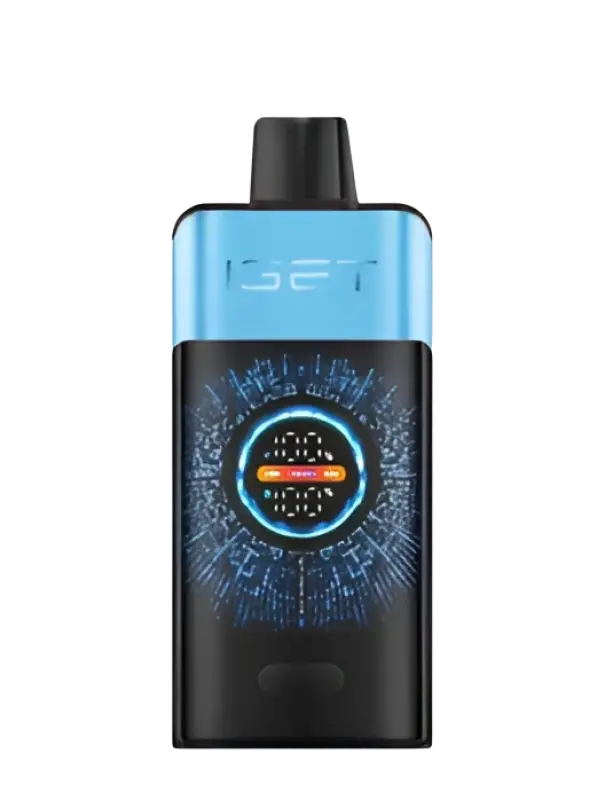 Blue and black IGET vape pen with glowing digital display for blueberry ice flavor in IGET Pro series