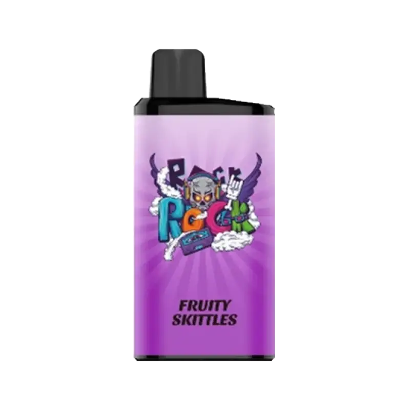 Purple iget bar pro vape pen with black cap and colorful fruity skittles cartoon graphic for pro fruity skittles flavor