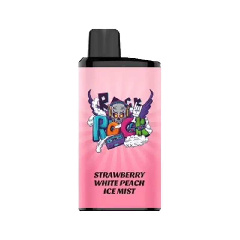 Pink rectangular iget bar pro vape cartridge with black cap and colorful cartoon skull logo labeled strawberry white peach ice mist