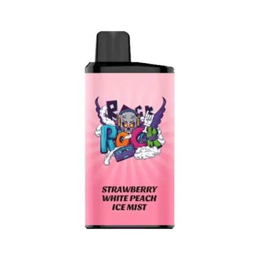 Pink rectangular iget bar pro vape cartridge with black cap and colorful cartoon skull logo labeled strawberry white peach ice mist