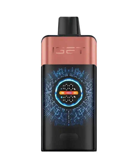 The iget vapes sleek black and rose gold iset vape device with glowing blue digital display for chups strawberry use