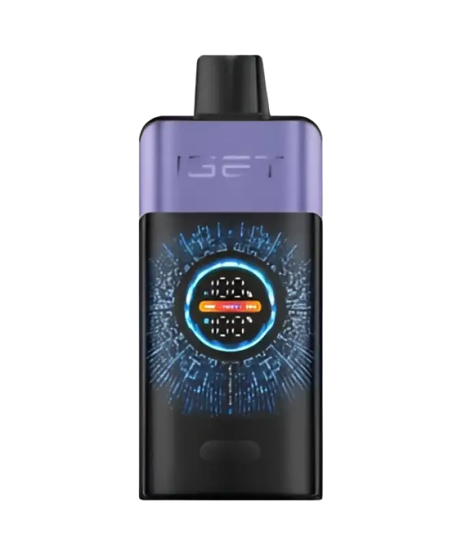 Purple and black iget pro vape pen with glowing blue digital display for grape ice flavor from iget vapes