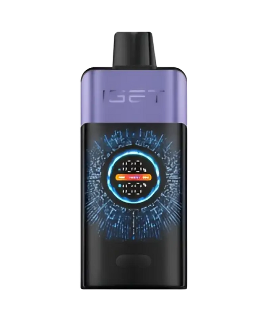 Purple and black iget pro vape pen with glowing blue digital display for grape ice flavor from iget vapes